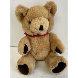Vintage “Gwentoy” Like Stuffed Poseable Teddy Bear With Red Bow 10” Plush